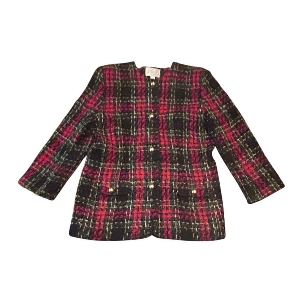 Lord & Taylor Blazer Womens 14 Red Black Plaid Wool Mohair Vintage Collarless